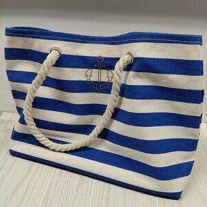 Anchor Coastal Beach Bag Canvas Cotton Tote Horizontal Wide Striped Blue & Ivory